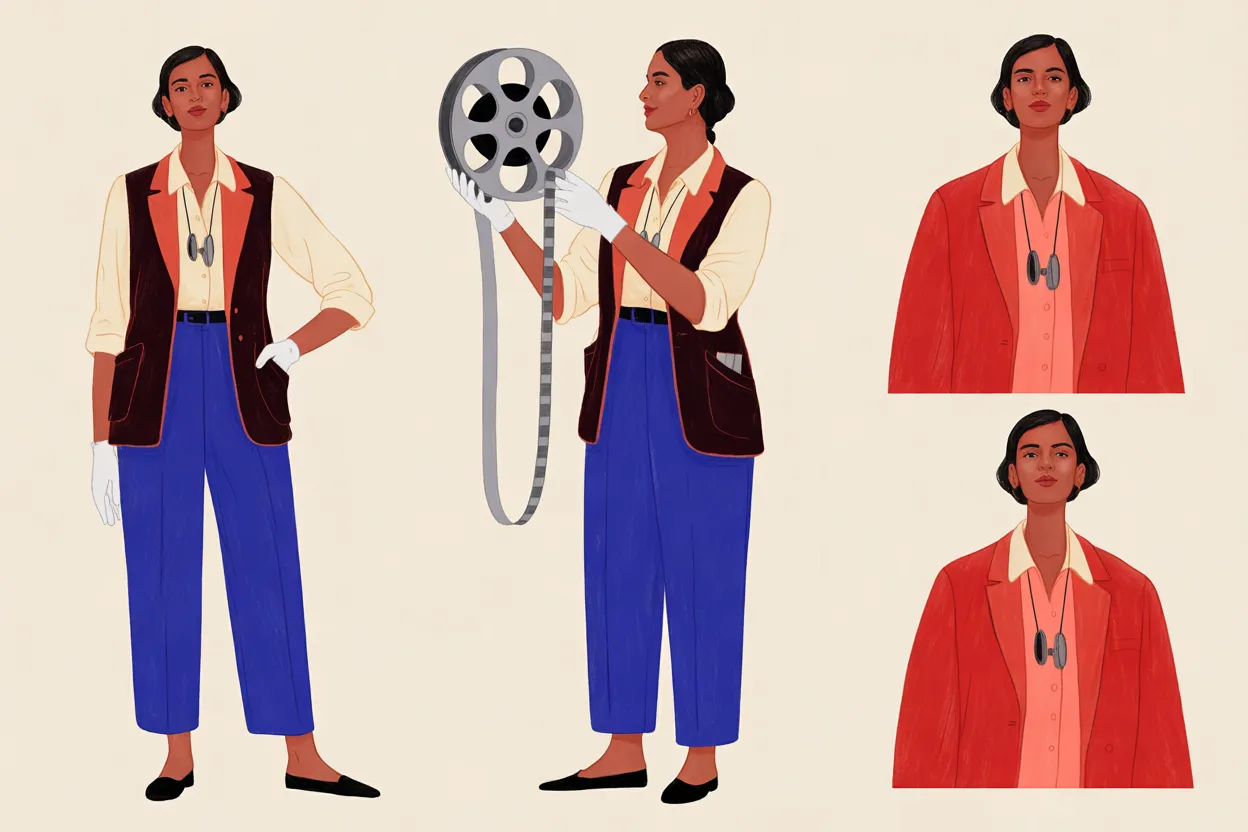 The Projectionist character sheet on a warm cream background: a woman with brown skin and short black hair in a dark-cherry waistcoat with red-orange lapels, a cream shirt with rolled sleeves, a black belt, cobalt-blue trousers, black flat shoes and white gloves, with a small dark viewer on a cord at her chest. It shows a full-body front view with one hand on her hip, a full-body three-quarter view facing left holding a silver film reel up in both gloved hands with a long loop of film hanging from it, and two identical head-and-shoulders close-ups in a red jacket over a pink shirt with the same calm, closed-mouth expression.