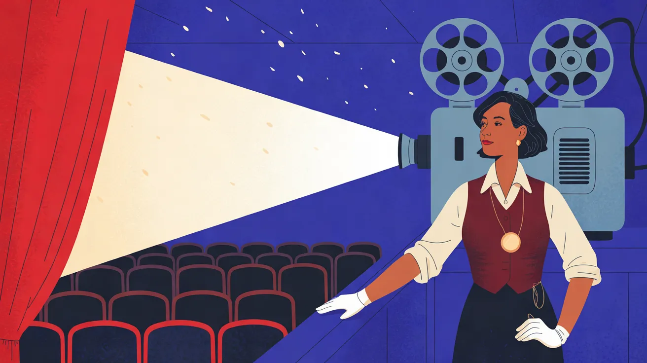 The Projectionist, a woman with brown skin, a short black bob, red lips and gold earrings, stands at the right in a dark-cherry waistcoat over a cream shirt with rolled sleeves, white gloves and a round gold pendant on a long chain, one gloved hand resting on a ledge and the other on her hip. Behind her a large pale-blue film projector with two reels on top sends a wide cream beam of light to the left, over rows of dark seats with red outlines, toward a red velvet curtain at the left edge. White specks of dust float in the deep indigo dark above the beam.