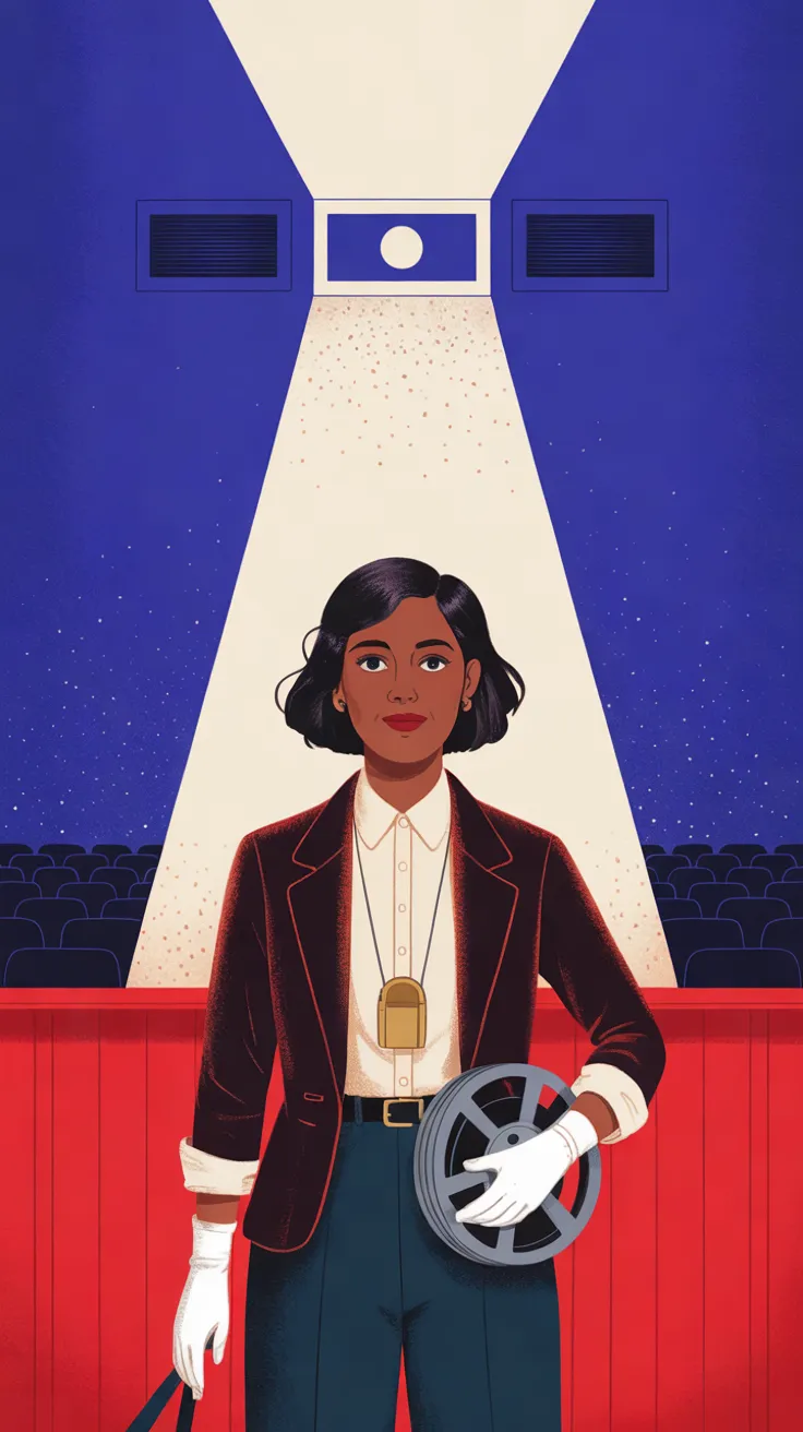 The Projectionist, a woman with deep brown skin, a short black bob, red lips and small earrings, stands facing forward in a dark-cherry velvet jacket with rolled cuffs over a buttoned cream shirt, a black belt and dark teal trousers, a small brass case hanging on a cord at her chest. One white-gloved hand holds a grey film reel against her hip and the other holds a dark strip at her side. Behind her are a red panelled wall and rows of dark seats, and above her a cream beam of light flecked with dust spreads down from a small square opening between two dark vents, under a starry indigo dark.